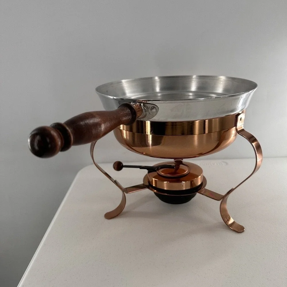 Iron and Copper Chafing‎ Dish Fondue Pan Set Wooden Handle Lightweight No Lid